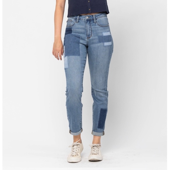 JUDY BLUE WOMENS HIGH WAIST DOUBLE ROLLED CUFF PATCH BOYFRIEND - Picture 2 of 7